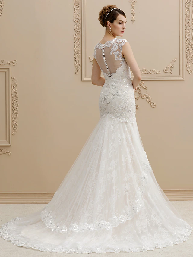 Wedding Dresses Square Neck Court Train Lace Over Tulle Regular Straps Wedding Dress in Color Floral Lace See-Through with Buttons Sequin