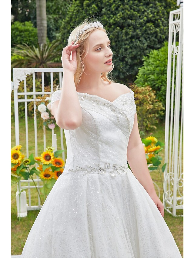 Princess Ball Gown Wedding Dresses Off Shoulder Cathedral Train Lace Tulle Sleeveless Formal Romantic Luxurious Sparkle & Shine Plus Size with Beading