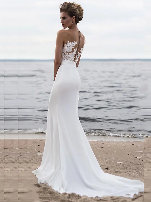 Wedding Dresses Jewel Neck Chapel Train Chiffon Lace Regular Straps Mordern See-Through with Sashes Ribbons