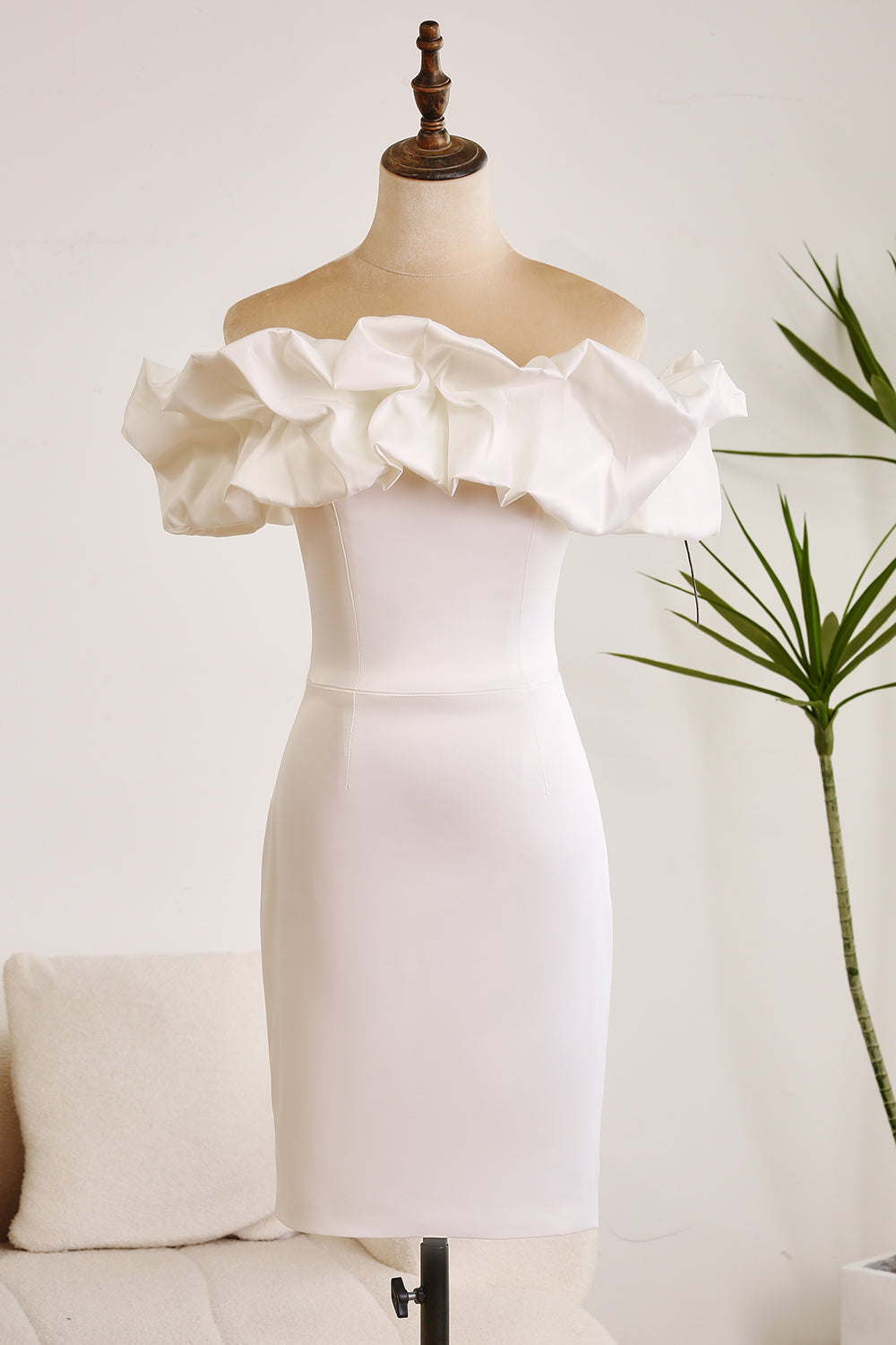Classy Off The Shoulder Meringue Ruffle Bodycon White Short Graduation Dress Pure Color