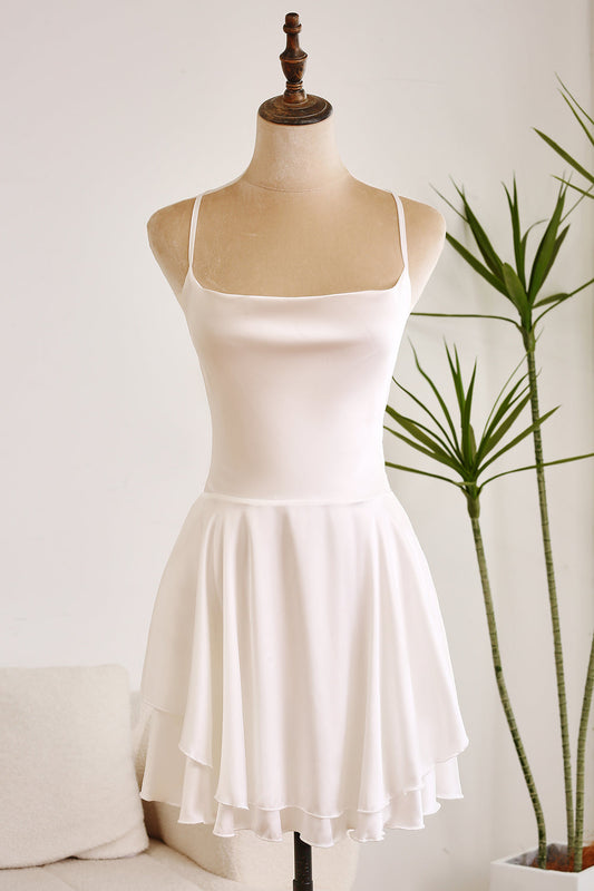 Cute A Line Spaghetti Straps Backless Satin Swing White Short Graduation Dress Pure Color