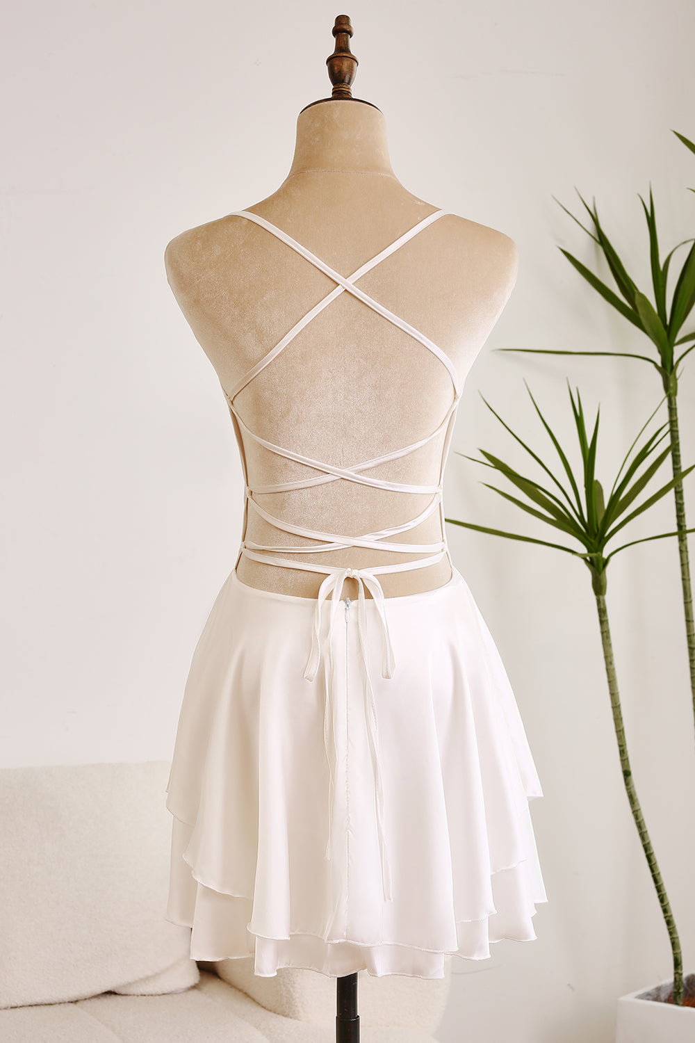 Cute A Line Spaghetti Straps Backless Satin Swing White Short Graduation Dress Pure Color