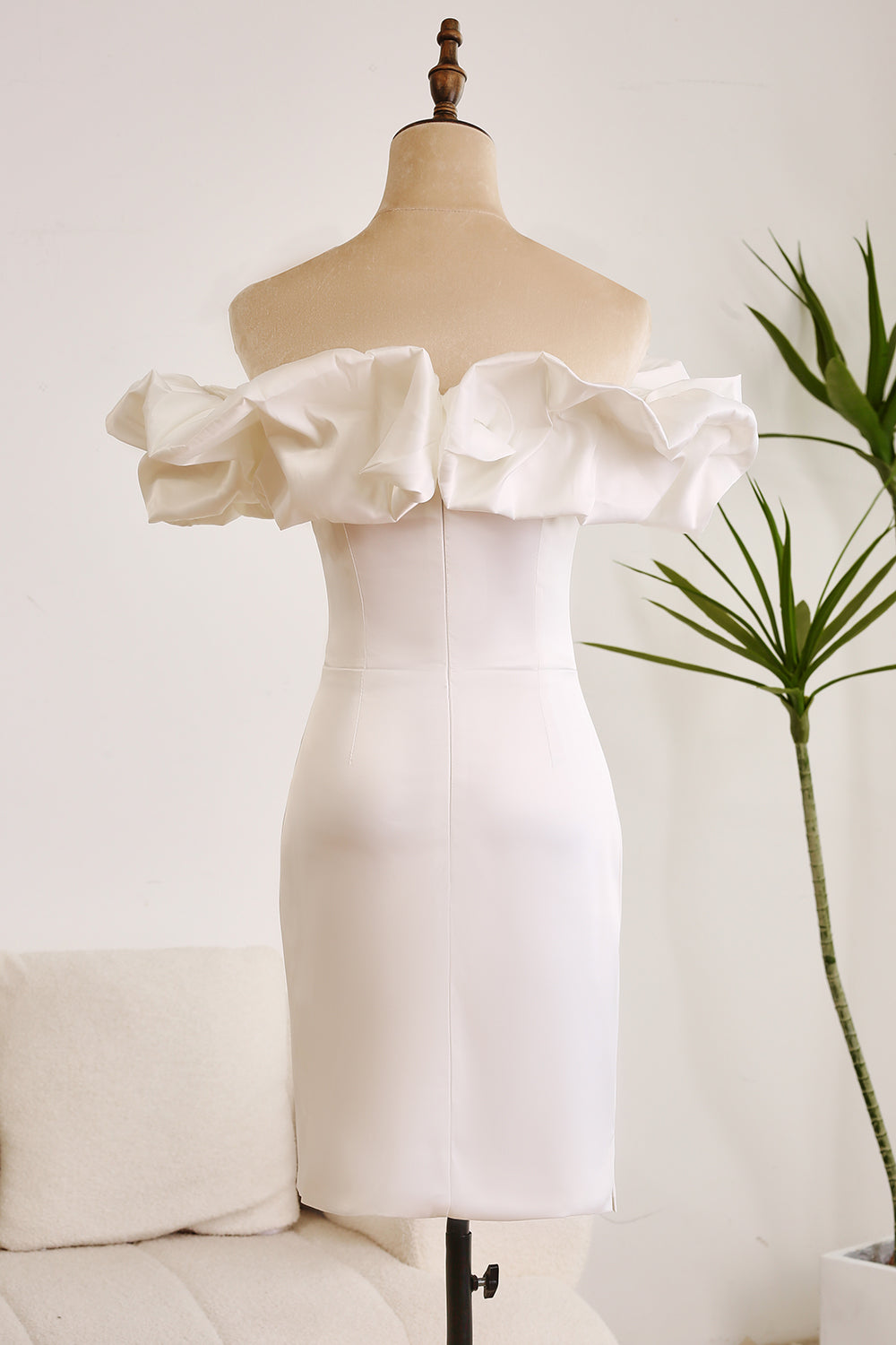 Classy Off The Shoulder Meringue Ruffle Bodycon White Short Graduation Dress Pure Color