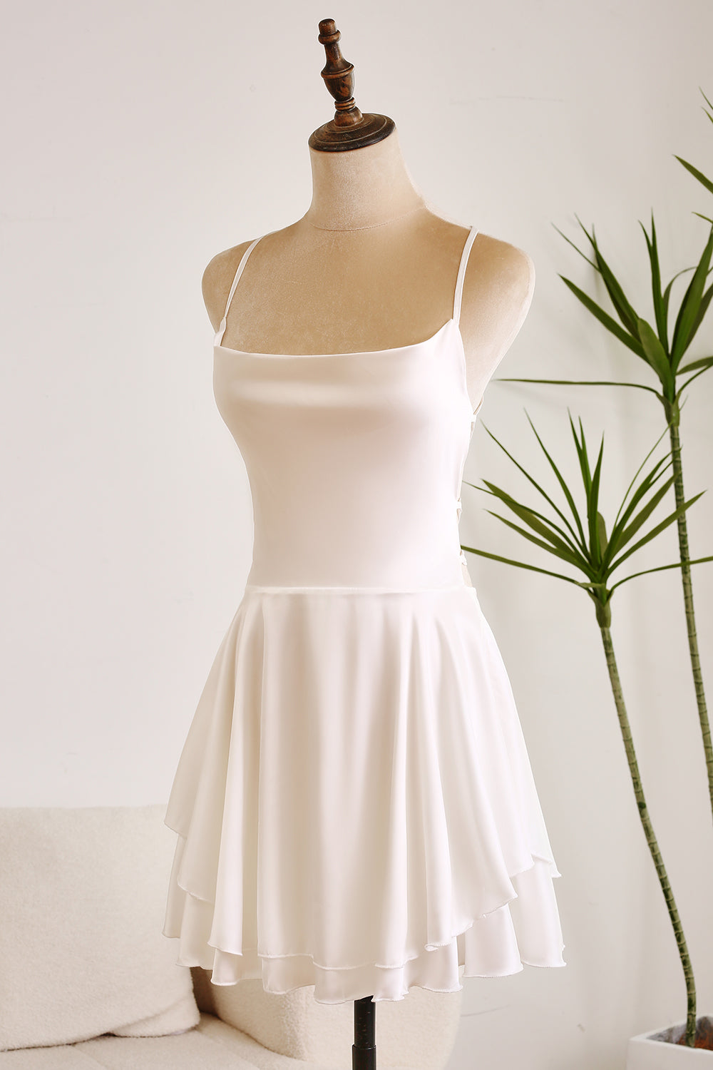 Cute A Line Spaghetti Straps Backless Satin Swing White Short Graduation Dress Pure Color