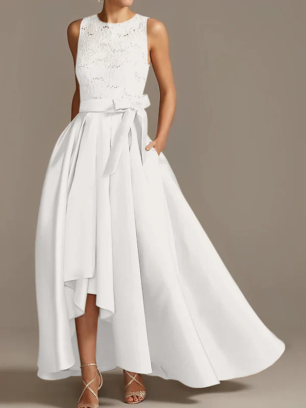 A-line/Princess collar sleeveless pleated lace mother of the bride dress Evening Dresses With Bow