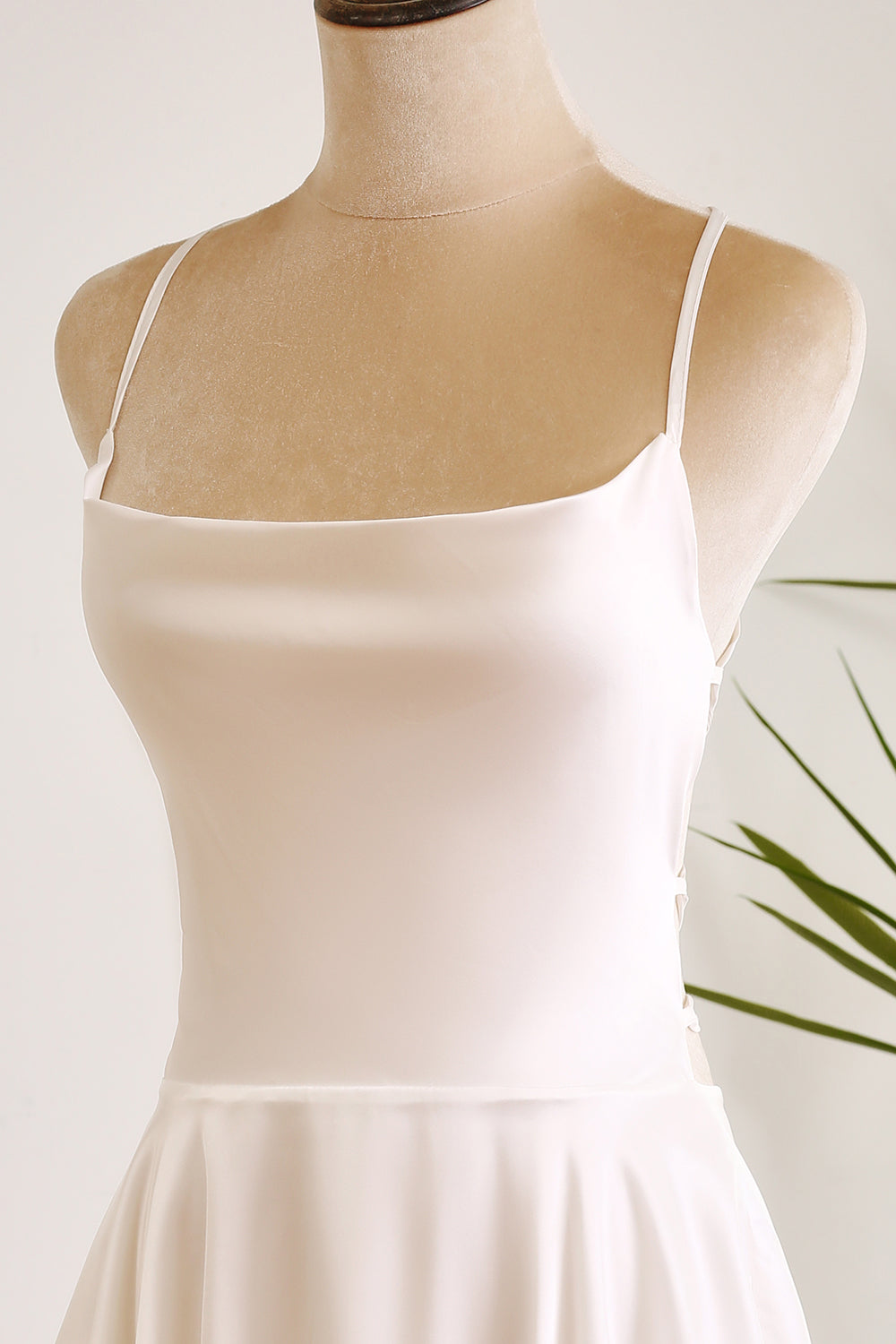 Cute A Line Spaghetti Straps Backless Satin Swing White Short Graduation Dress Pure Color