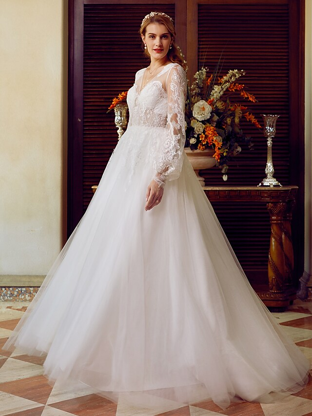 A-Line Wedding Dresses V Neck Lace Tulle Long Sleeve See-Through Pure Color