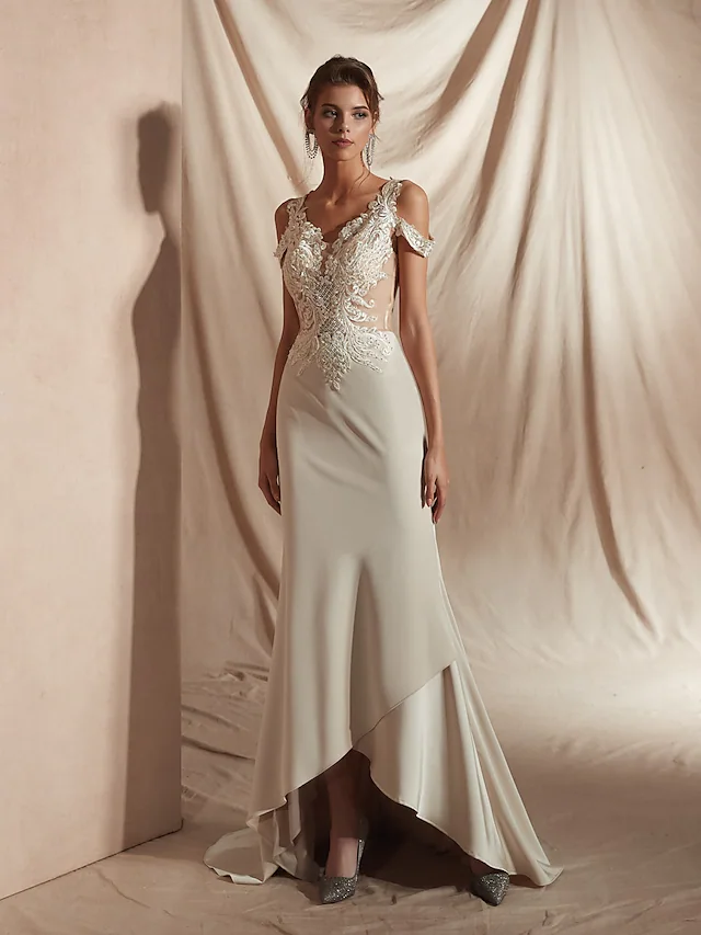 Mermaid Trumpet Wedding Dresses V Neck Asymmetrical Matte Satin Short Sleeve Casual Sexy Illusion Detail Modern