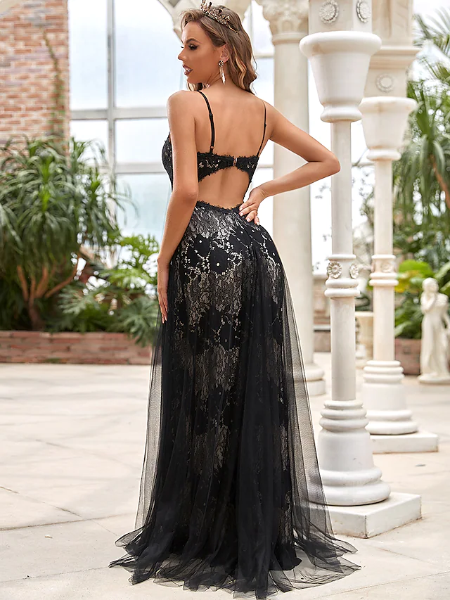 A-Line Wedding Dresses V Neck Plunging Neck Floor Length Lace Tulle Sleeveless Romantic Simple Sexy Black with Lace