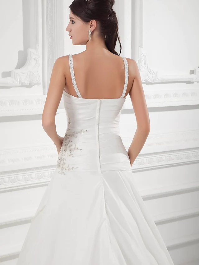 A-Line Wedding Dresses Square Neck Court Train Satin Taffeta Spaghetti Strap with Ruched Beading