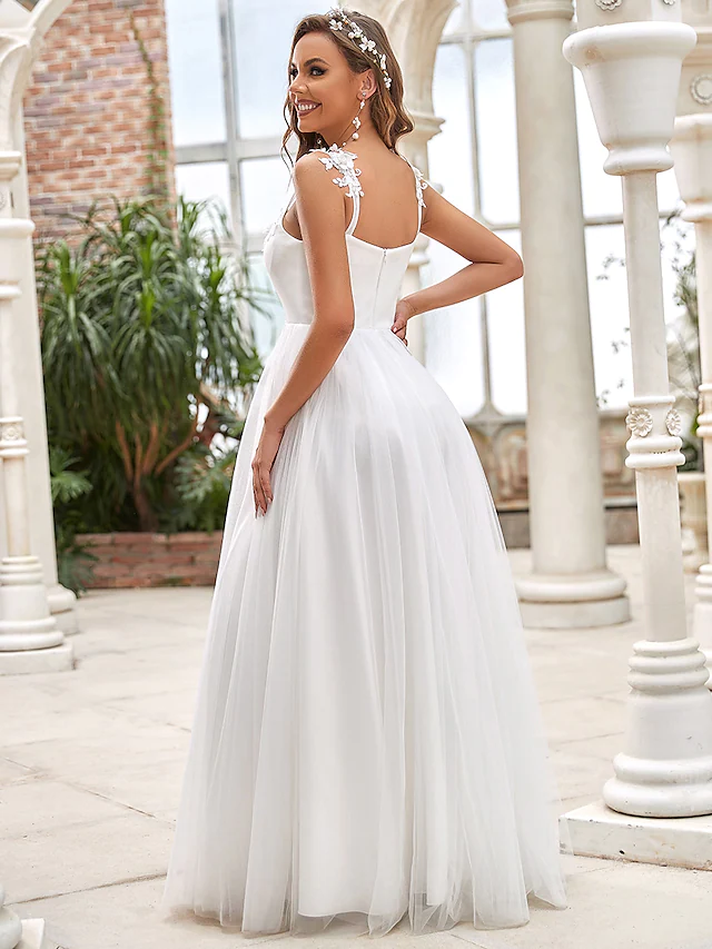 A-Line Wedding Dresses Sweetheart Neckline Floor Length Lace Tulle Sleeveless Romantic Simple with Lace Draping