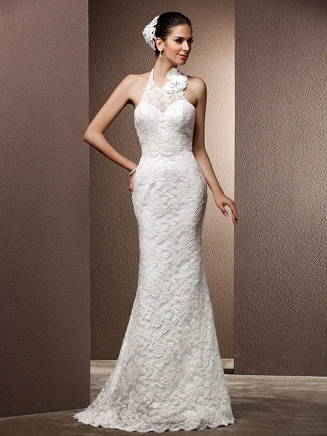 Wedding Dresses Halter Neck Lace Regular Straps Open Back with Beading Flower
