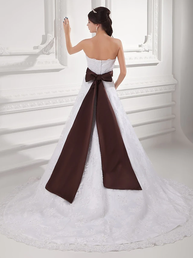 A-Line Wedding Dresses Strapless Chapel Train Lace Satin Tulle Strapless with Sashes Ribbons Bow(s)