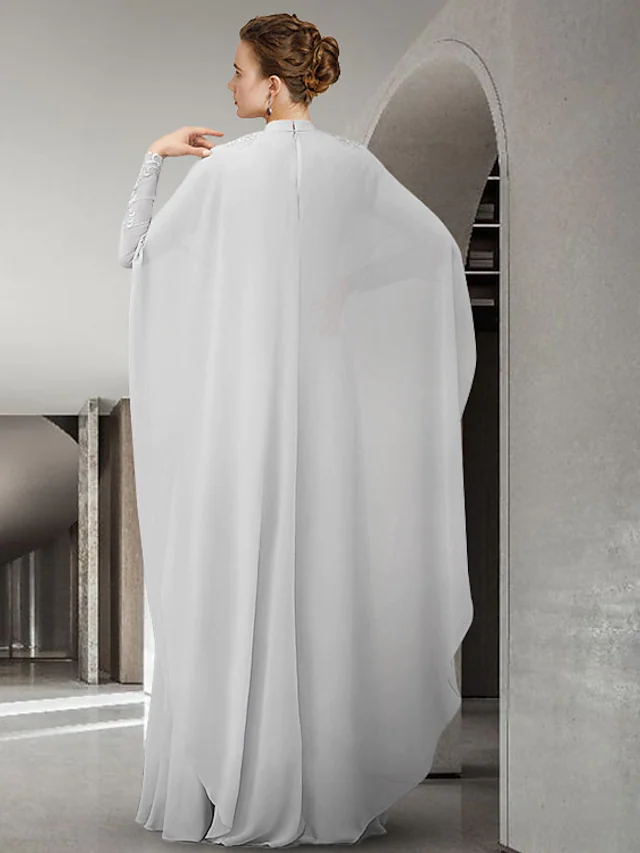 A-Line Mother of the Bride Dress Elegant High Neck Chiffon Lace Long Sleeve with Pleats