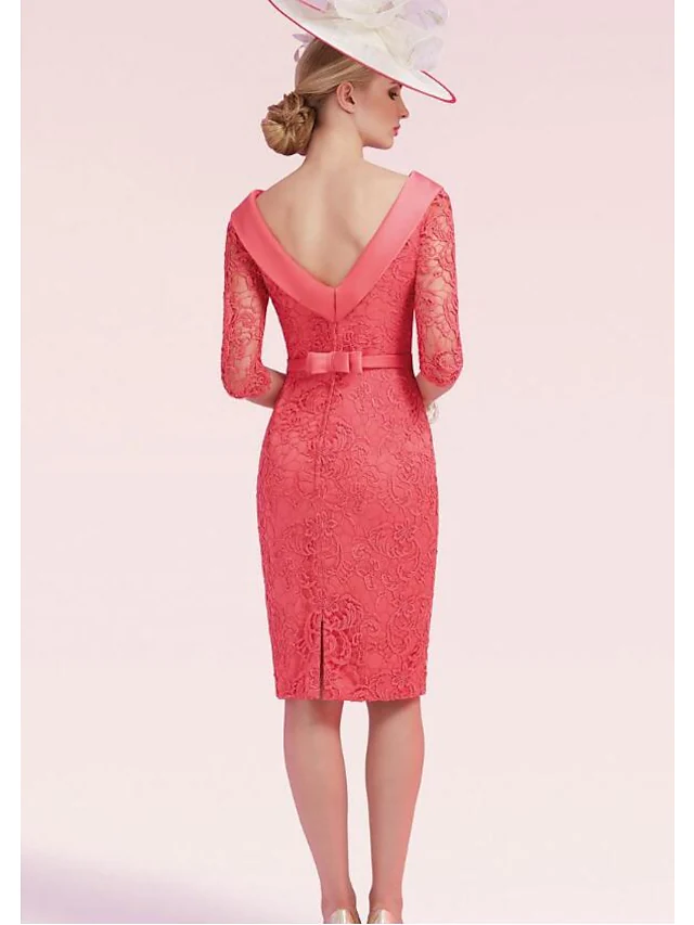 Mother of the Bride Dress Plus Size Bateau Neck Knee Length Lace Satin Half Sleeve with Sash Ribbon Bow(s) Split