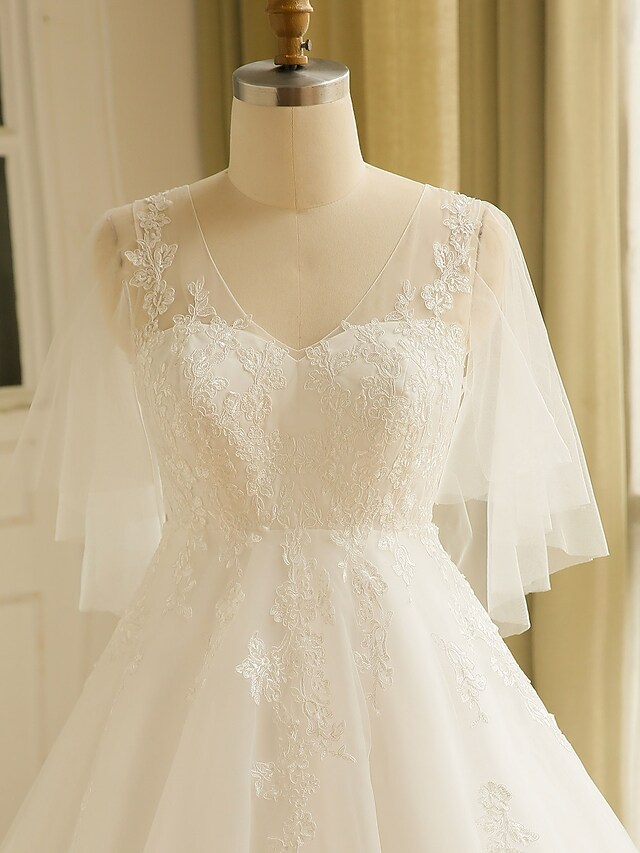 A-Line Wedding Dresses V Neck Court Train Satin Tulle Half Sleeve Formal Plus Size with Appliques Ivory
