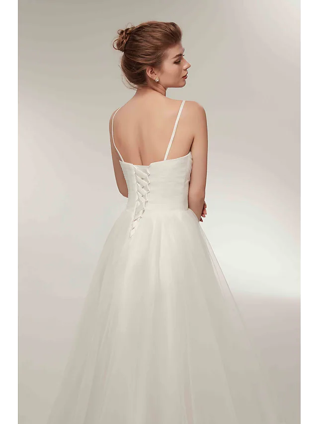 A-Line Wedding Dresses V Neck Asymmetrical Tulle Spaghetti Strap Simple Casual Little White Dress