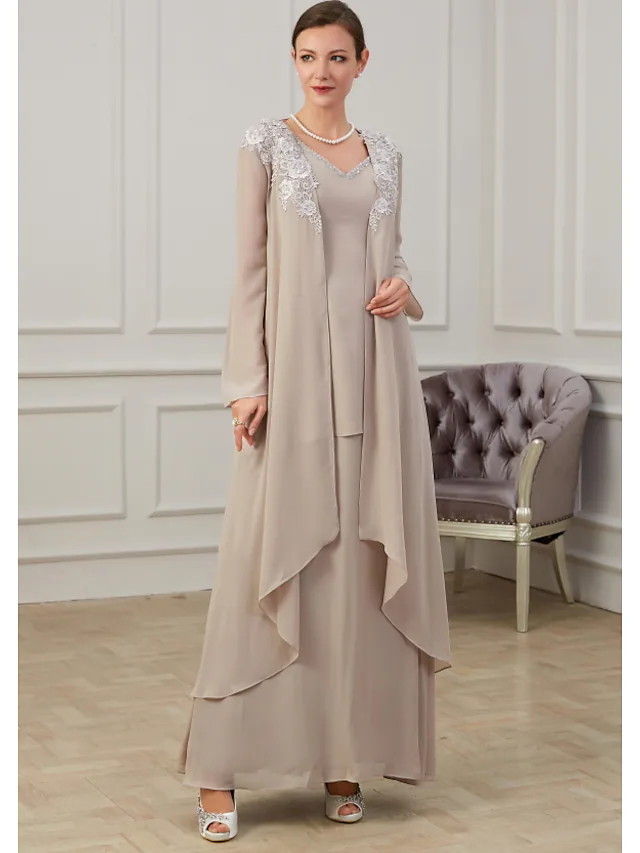 A-Line Mother of the Bride Dress Elegant Jewel Neck Floor Length Polyester Long Sleeve