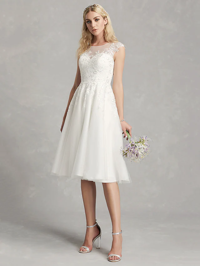 A-Line Wedding Dresses Jewel Neck Tea Length Lace Tulle Cap Sleeve Beautiful Back with Appliques Short