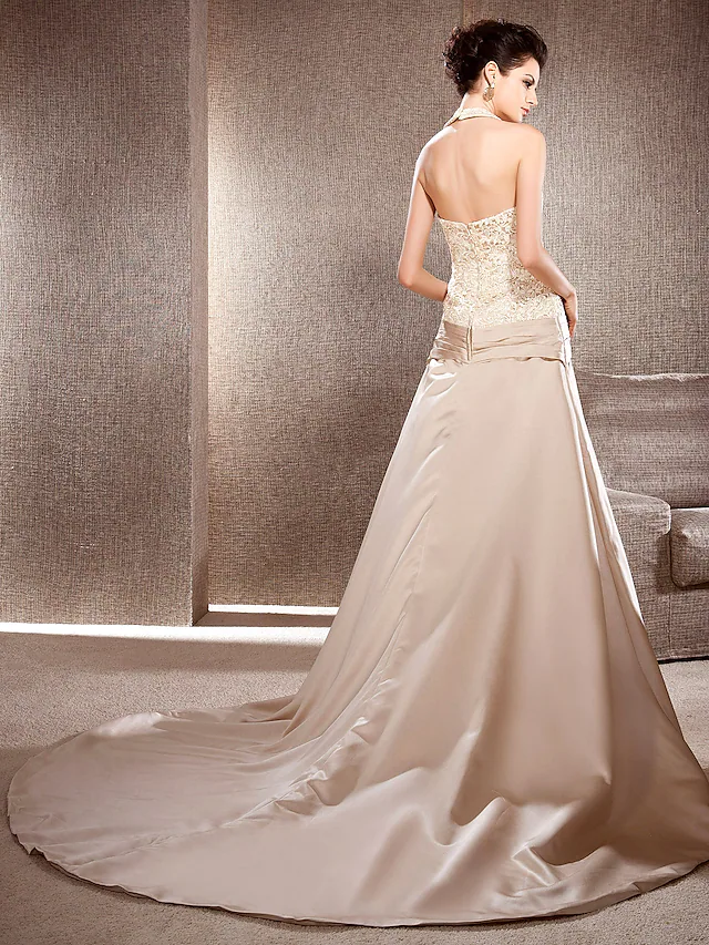 Princess A-Line Wedding Dresses V Neck Chapel Train Lace Satin Sleeveless Wedding Dress in Color with Lace Flower