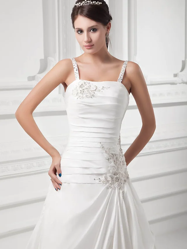 A-Line Wedding Dresses Square Neck Court Train Satin Taffeta Spaghetti Strap with Ruched Beading