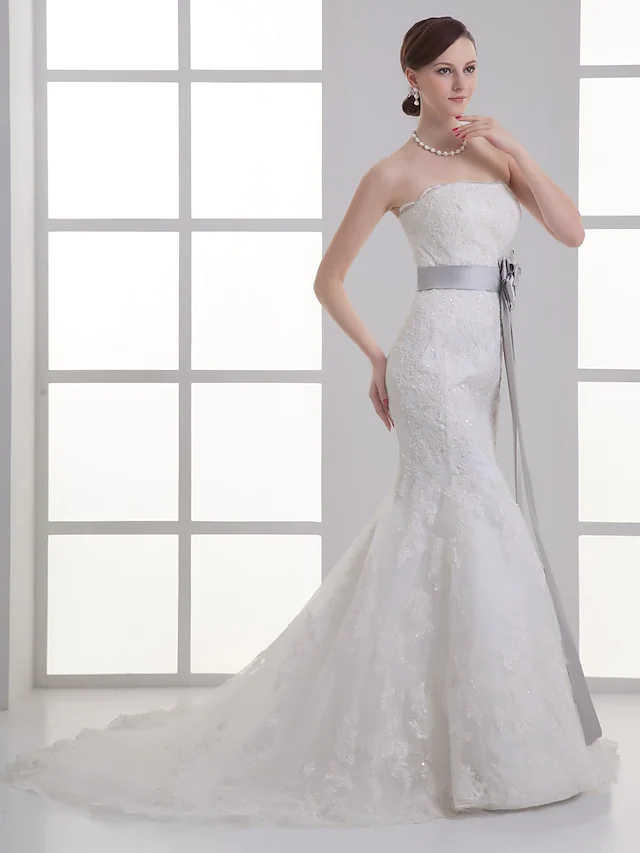 Wedding Dresses Strapless Chapel Train Lace Satin Strapless with Sashes Ribbons Bow(s)