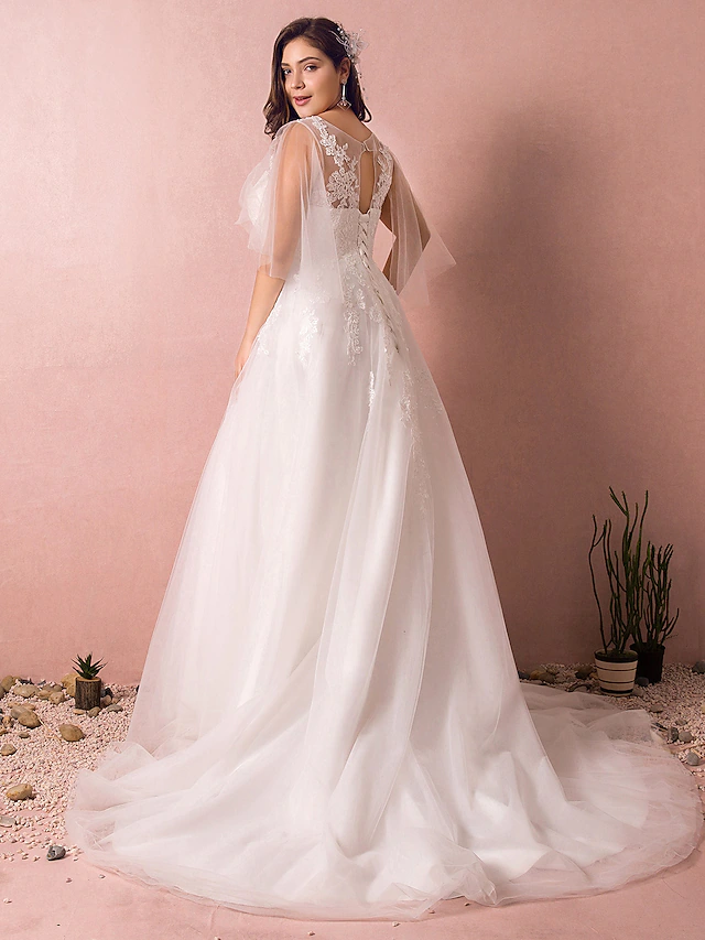 A-Line Wedding Dresses V Neck Court Train Satin Tulle Half Sleeve Formal Plus Size with Appliques Ivory