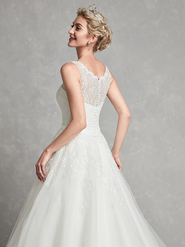 A-Line Wedding Dresses Scoop Neck Chapel Train Lace Tulle Regular Straps Formal Illusion Detail with Lace Sash