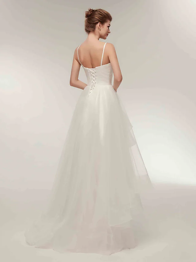 A-Line Wedding Dresses V Neck Asymmetrical Tulle Spaghetti Strap Simple Casual Little White Dress
