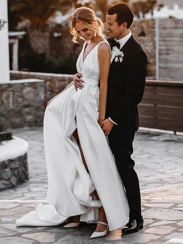 A-Line Wedding Dresses V Neck Court Train Satin Sleeveless Simple Sexy with Sashes Ribbons
