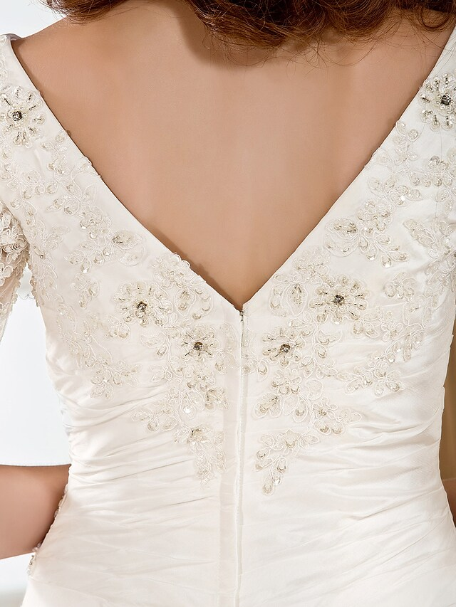Ball Gown Wedding Dresses V Neck Chapel Train Taffeta Half Sleeve See-Through with Ruched Beading