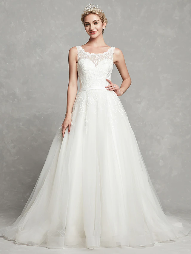 A-Line Wedding Dresses Scoop Neck Chapel Train Lace Tulle Regular Straps Formal Illusion Detail with Lace Sash