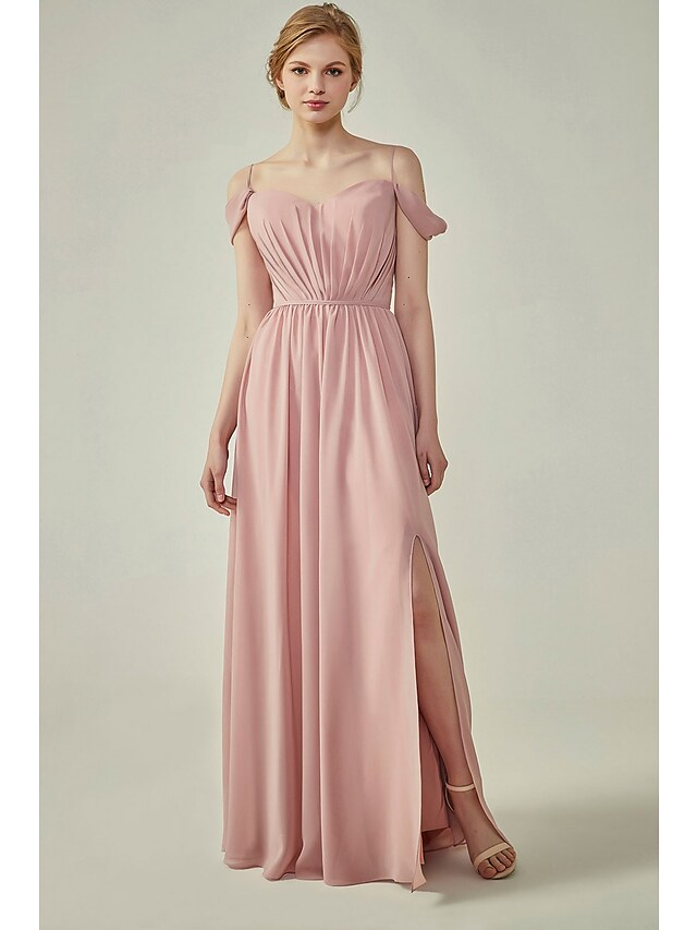 A-Line Spaghetti Strap Floor Length Chiffon Bridesmaid Dress with Sash Ribbon Ruching Pure Color