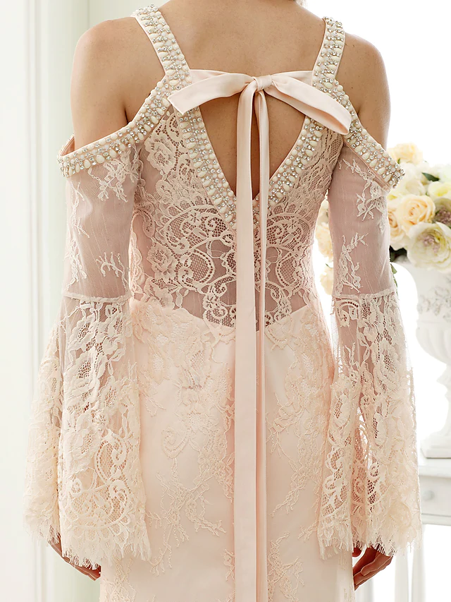 Wedding Dresses Plunging Neck Sheer Lace Long Sleeve Wedding Dress in Color Open Back Floral Lace with Bow(s)