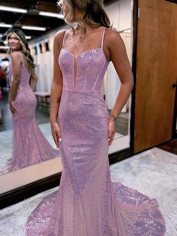Trumpet/Mermaid Sequins Sweetheart Sleeveless Court Train Corset Dresses Sparkly Evening Dress