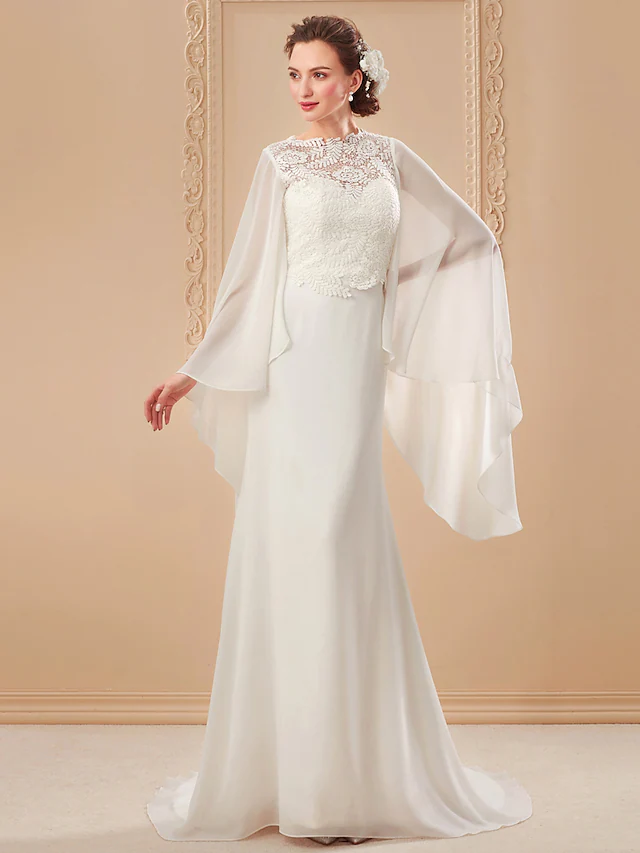 Wedding Dresses V Neck Court Train Chiffon Long Sleeve with Beading Pure Color
