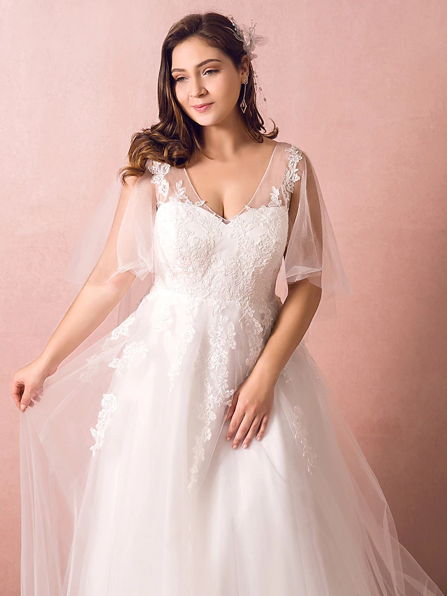 A-Line Wedding Dresses V Neck Court Train Satin Tulle Half Sleeve Formal Plus Size with Appliques Ivory