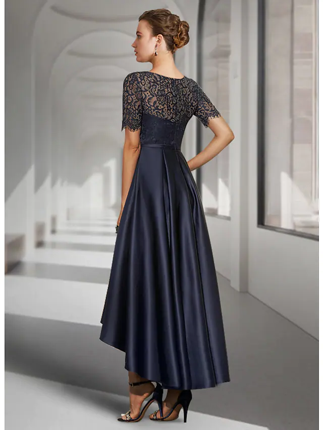 A-Line Mother of the Bride Dress Elegant Jewel Neck Asymmetrical Lace Satin Short Sleeve