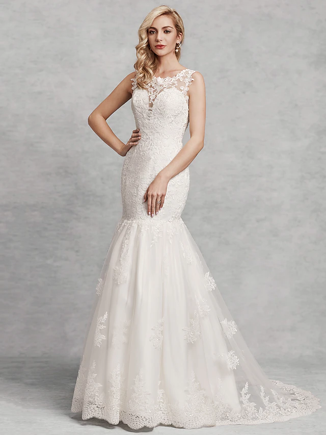 Wedding Dresses Scoop Neck Court Train Lace Satin Tulle Regular Straps Beautiful Back with Lace