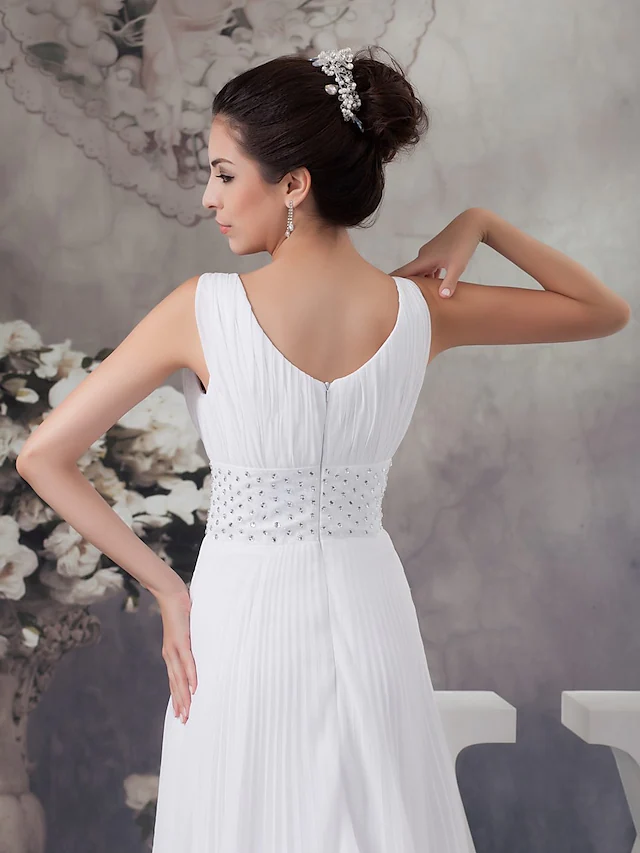 A-Line Wedding Dresses V Neck Chapel Train Chiffon Satin Regular Straps with Crystals Beading