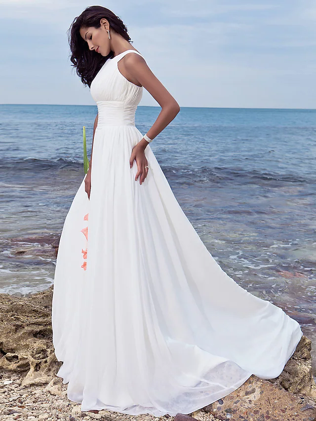A-Line Wedding Dresses Jewel Neck Chiffon Regular Straps Formal Beach Plus Size with Ruched