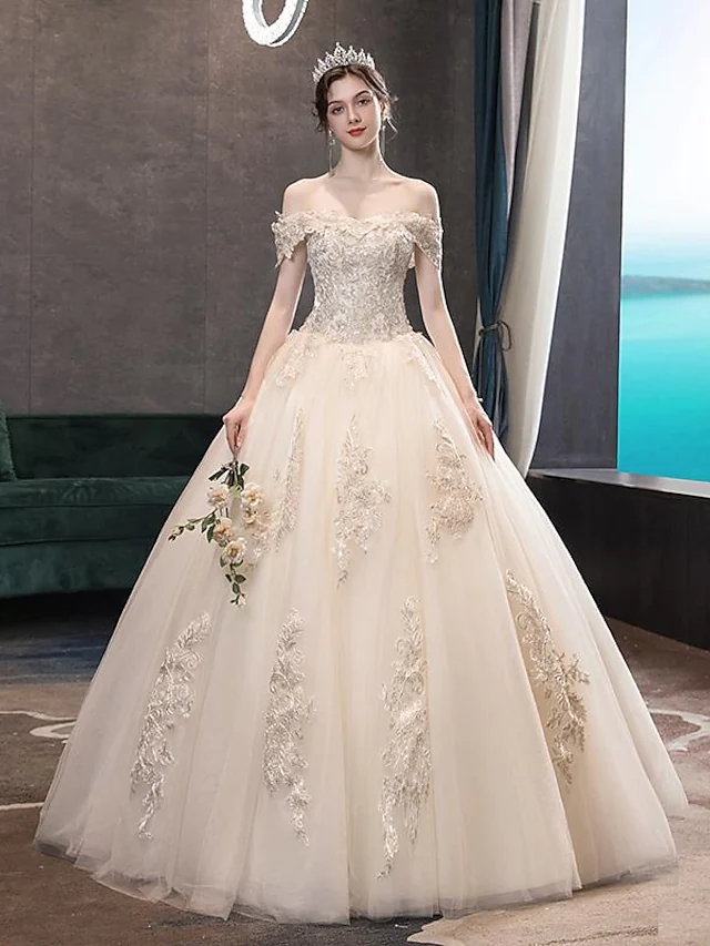 Princess Ball Gown Wedding Dresses Off Shoulder Floor Length Lace Tulle Sequined Short Sleeve Formal Romantic Luxurious Sparkle & Shine with Pleats