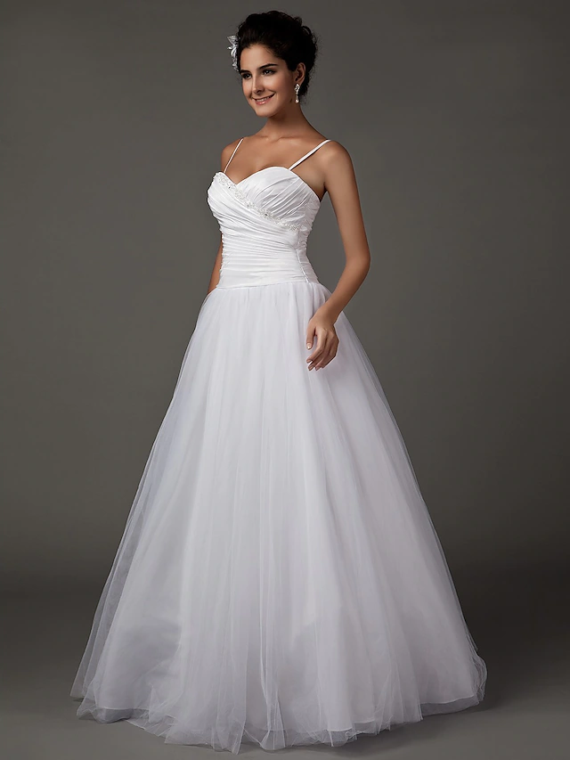 A-Line Wedding Dresses Sweetheart Neckline Spaghetti Strap Floor Length Taffeta Tulle Sleeveless Long