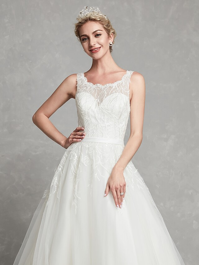 A-Line Wedding Dresses Scoop Neck Chapel Train Lace Tulle Regular Straps Formal Illusion Detail with Lace Sash