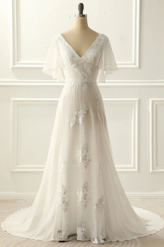 Elegant A Line Long V Neck Wedding Dress With Appliques Formal Dress Party Wear