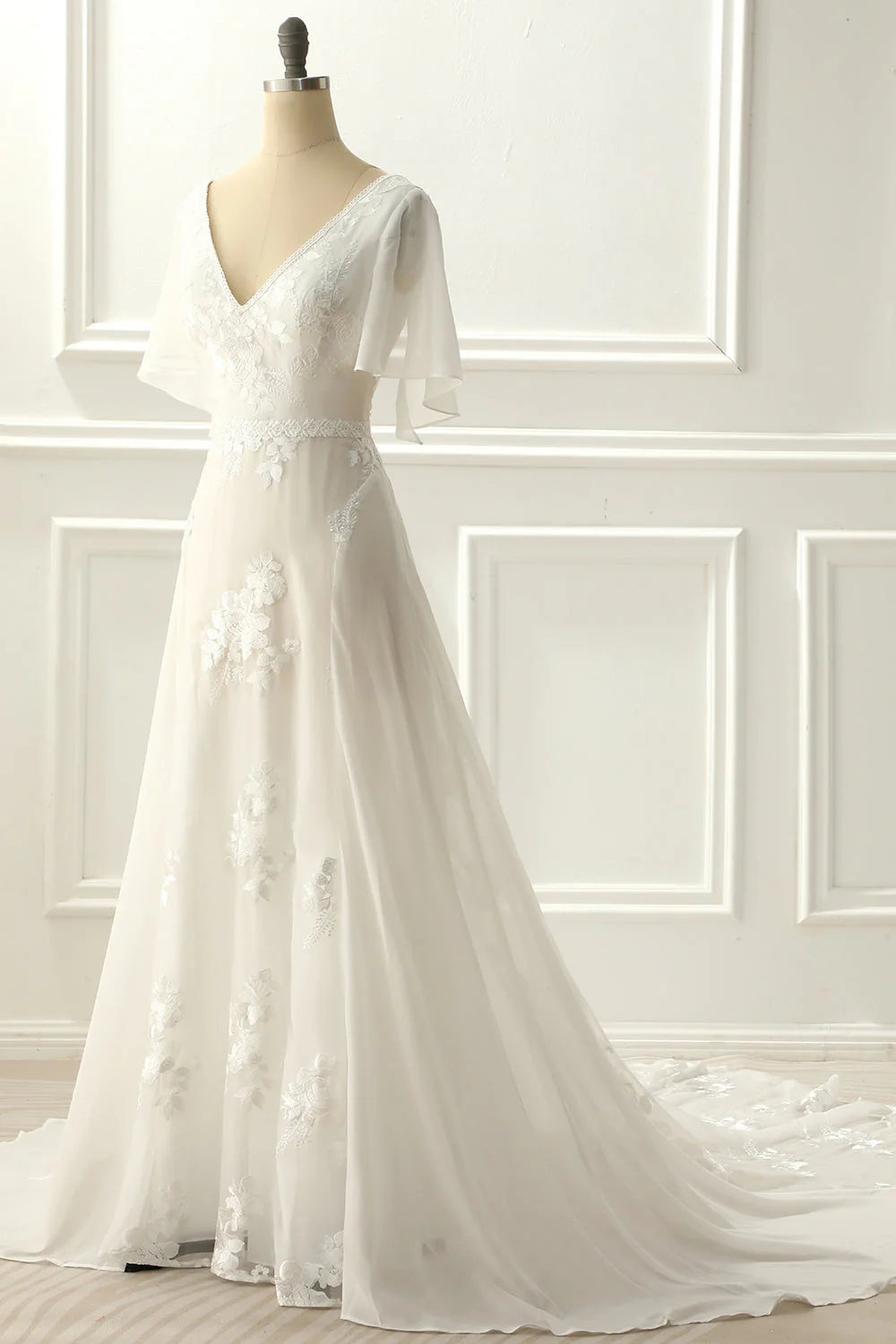 Elegant A Line Long V Neck Wedding Dress With Appliques Formal Dress Party Wear