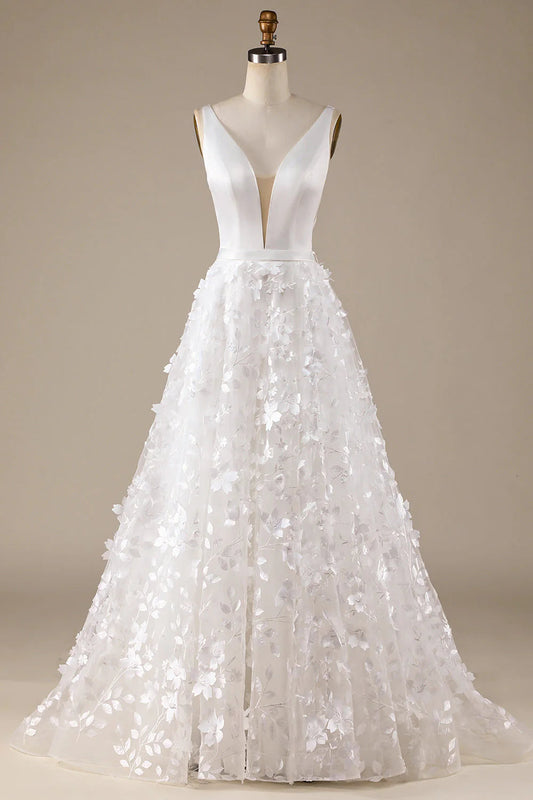 A-Line V-Neck Wedding Dress with 3D Flowers Sexy