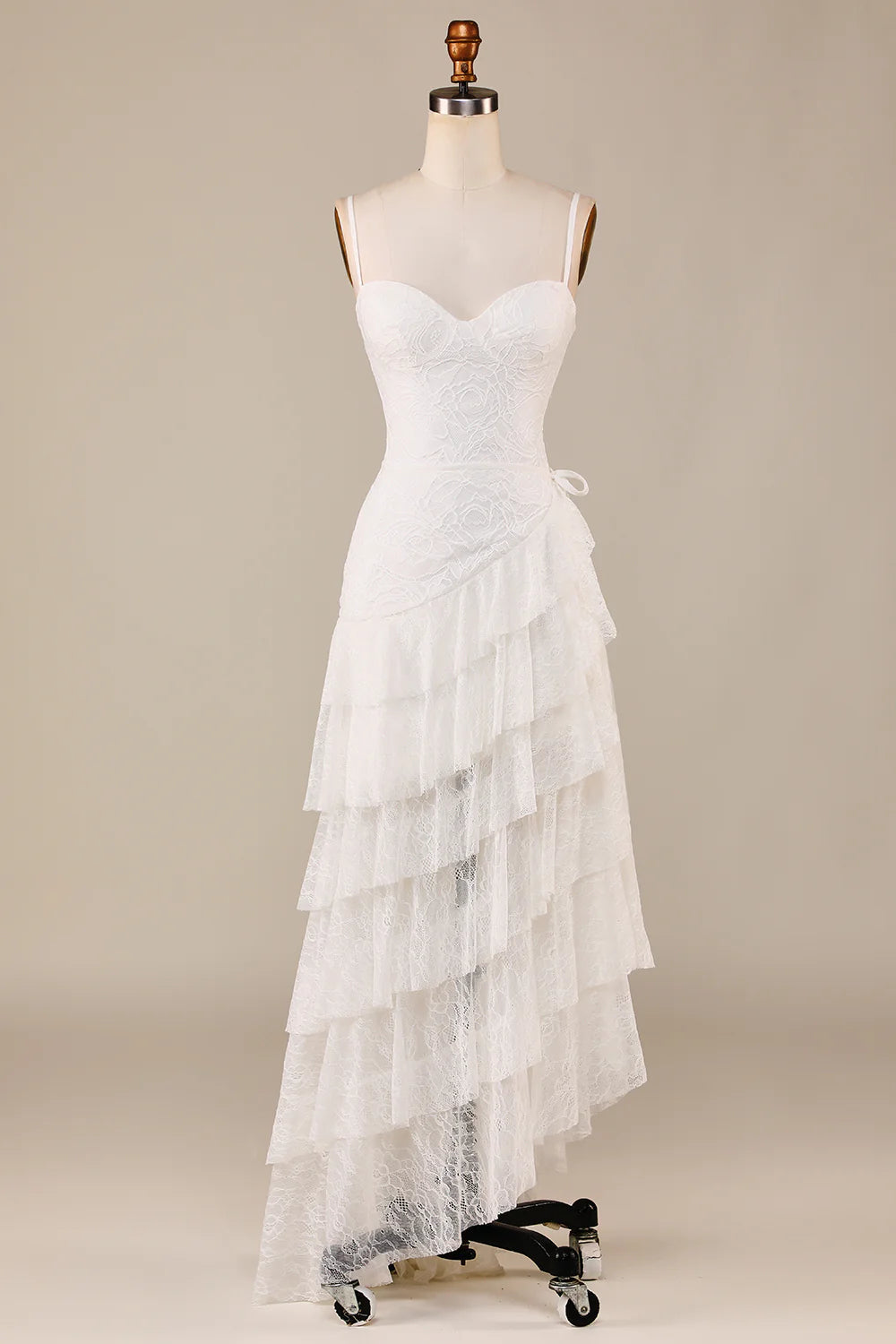 Tiered Spaghetti Straps Lace Bridal Dress Off Shoulder