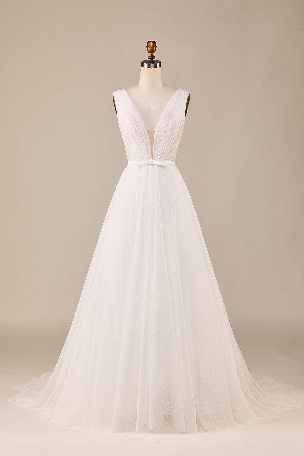 Tulle A-Line Deep V-Neck Wedding Dress with Bowknot Pure Color