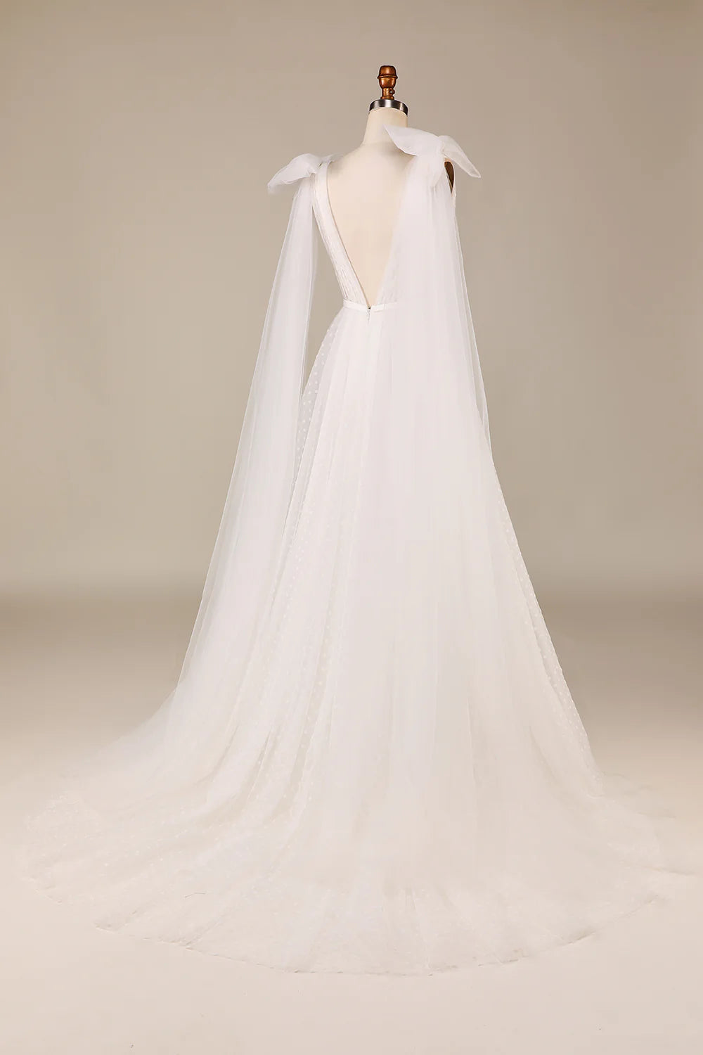 Tulle A-Line Deep V-Neck Wedding Dress with Bowknot Pure Color